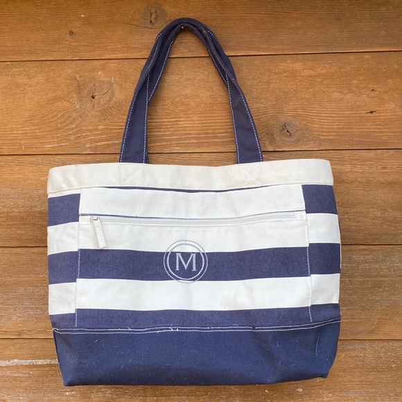 Pottery Barn Kids Ivory and Navy Striped Canvas Tote Bag with "M" - Picture 1 of 13